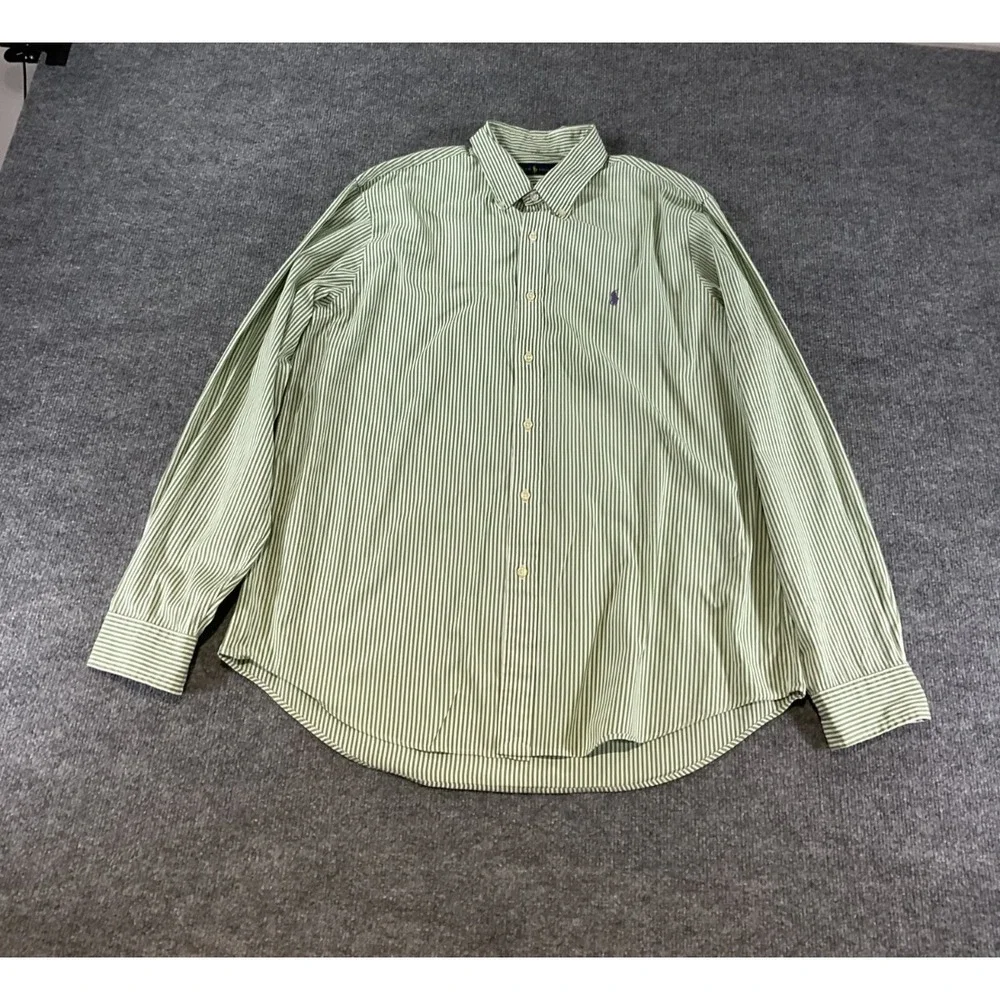 Polo Ralph Lauren XL Green White Striped Button Down Shirt Purple Pony Cotton